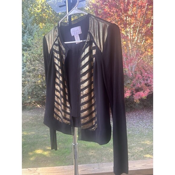 Cache Cardigan Jacket Open Front Top Black & Metallic Gold Holiday Party Size 0 - Picture 6 of 16